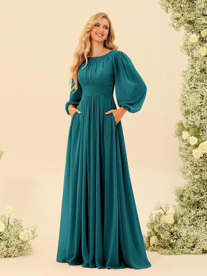 Robe de Demoiselle d'Honneur Coupe A-Line/Princess Longueur Au Sol Manches Longues avec Ceinture