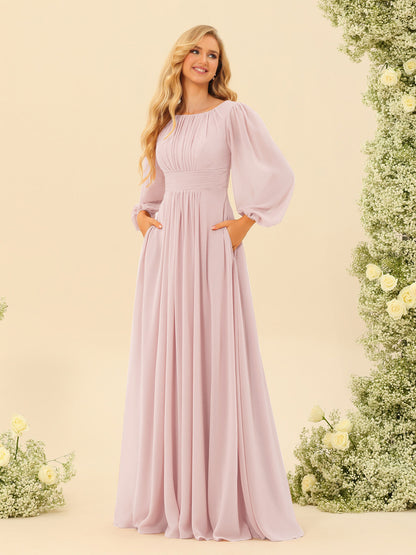 Robe de Demoiselle d'Honneur Coupe A-Line/Princess Longueur Au Sol Manches Longues avec Ceinture