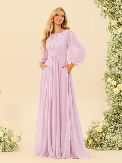 Robe de Demoiselle d'Honneur Coupe A-Line/Princess Longueur Au Sol Manches Longues avec Ceinture