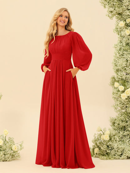 Robe de Demoiselle d'Honneur Coupe A-Line/Princess Longueur Au Sol Manches Longues avec Ceinture