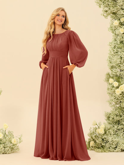 Robe de Demoiselle d'Honneur Coupe A-Line/Princess Longueur Au Sol Manches Longues avec Ceinture
