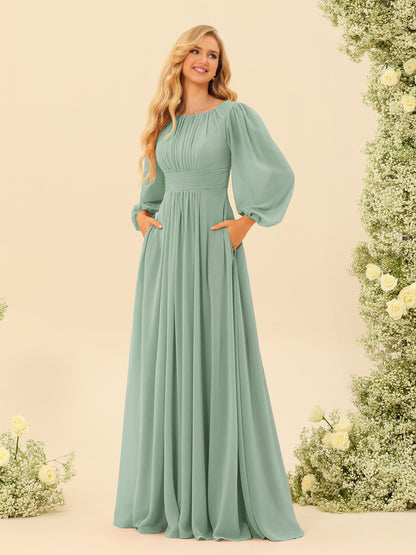 Robe de Demoiselle d'Honneur Coupe A-Line/Princess Longueur Au Sol Manches Longues avec Ceinture