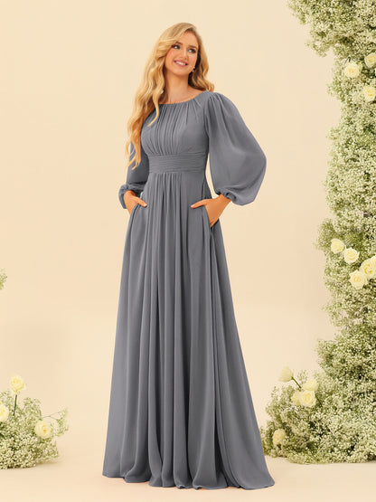 Robe de Demoiselle d'Honneur Coupe A-Line/Princess Longueur Au Sol Manches Longues avec Ceinture