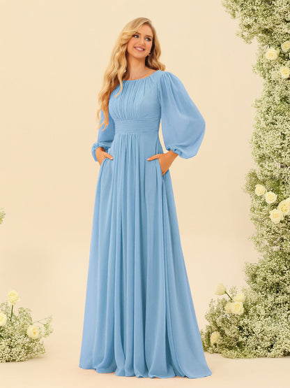 Robe de Demoiselle d'Honneur Coupe A-Line/Princess Longueur Au Sol Manches Longues avec Ceinture