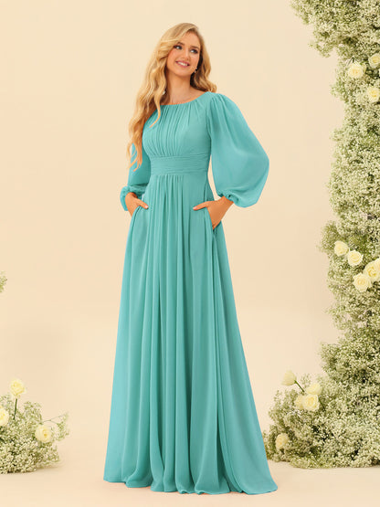 Robe de Demoiselle d'Honneur Coupe A-Line/Princess Longueur Au Sol Manches Longues avec Ceinture
