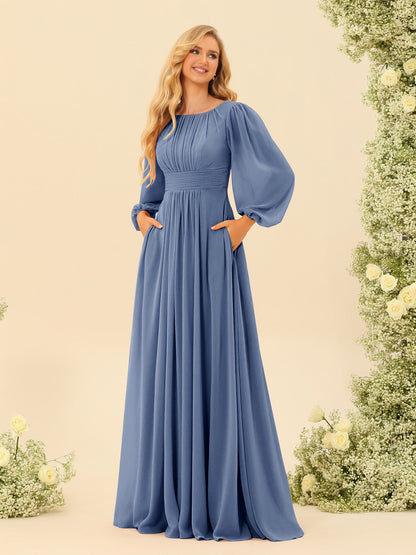 Robe de Demoiselle d'Honneur Coupe A-Line/Princess Longueur Au Sol Manches Longues avec Ceinture