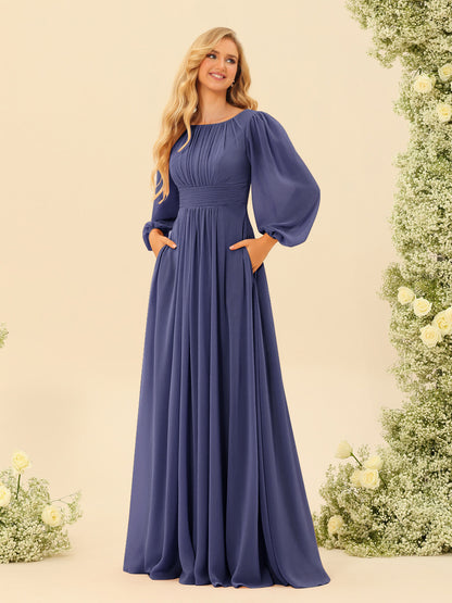 Robe de Demoiselle d'Honneur Coupe A-Line/Princess Longueur Au Sol Manches Longues avec Ceinture