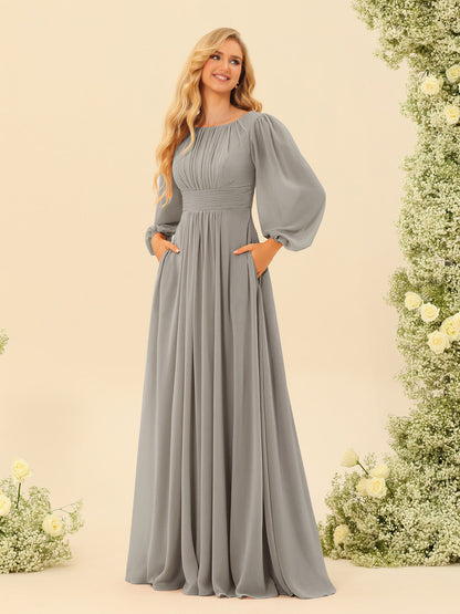 Robe de Demoiselle d'Honneur Coupe A-Line/Princess Longueur Au Sol Manches Longues avec Ceinture