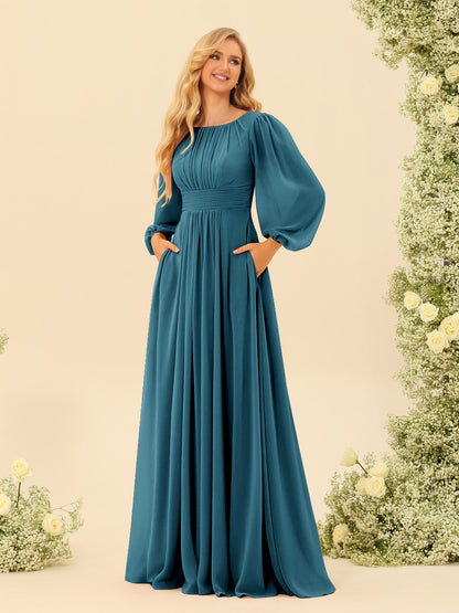 Robe de Demoiselle d'Honneur Coupe A-Line/Princess Longueur Au Sol Manches Longues avec Ceinture