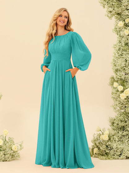 Robe de Demoiselle d'Honneur Coupe A-Line/Princess Longueur Au Sol Manches Longues avec Ceinture