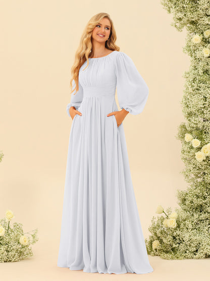 Robe de Demoiselle d'Honneur Coupe A-Line/Princess Longueur Au Sol Manches Longues avec Ceinture