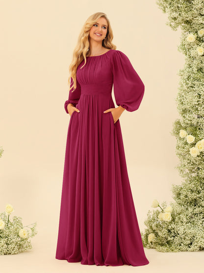 Robe de Demoiselle d'Honneur Coupe A-Line/Princess Longueur Au Sol Manches Longues avec Ceinture