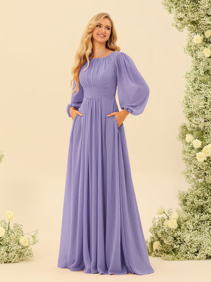 Robe de Demoiselle d'Honneur Coupe A-Line/Princess Longueur Au Sol Manches Longues avec Ceinture