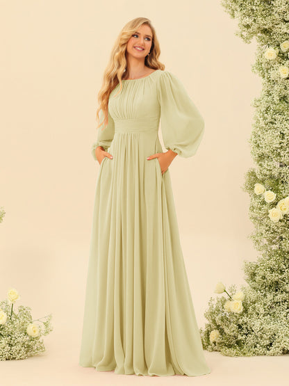 Robe de Demoiselle d'Honneur Coupe A-Line/Princess Longueur Au Sol Manches Longues avec Ceinture