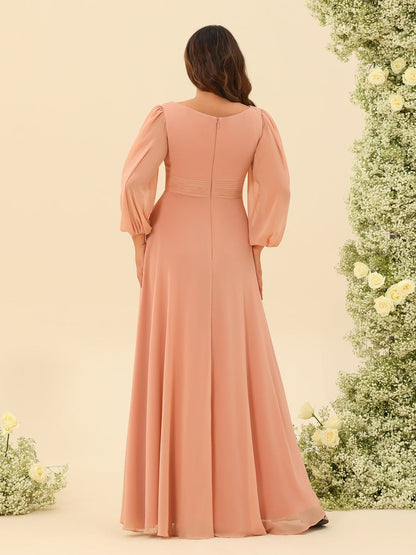 Robe de Demoiselle d'Honneur Grande Taille à Manches Longues et Longueur Au Sol Coupe A-Line/Princess avec Ceinture