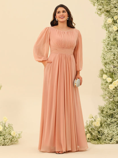Robe de Demoiselle d'Honneur Grande Taille à Manches Longues et Longueur Au Sol Coupe A-Line/Princess avec Ceinture
