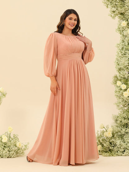 Robe de Demoiselle d'Honneur Grande Taille à Manches Longues et Longueur Au Sol Coupe A-Line/Princess avec Ceinture