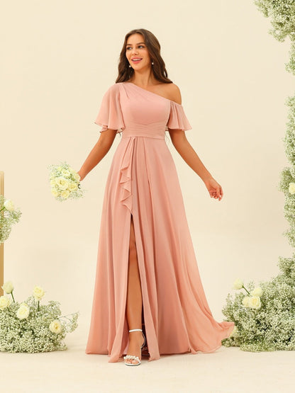 Robes de Demoiselle d'Honneur A-Line/Princess à Une Épaule et Longueur Au Sol avec Fente Sur Le Côté