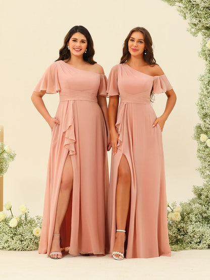 Robes de Demoiselle d'Honneur A-Line/Princess à Une Épaule et Longueur Au Sol avec Fente Sur Le Côté