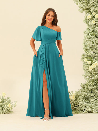 Robes de Demoiselle d'Honneur A-Line/Princess à Une Épaule et Longueur Au Sol avec Fente Sur Le Côté