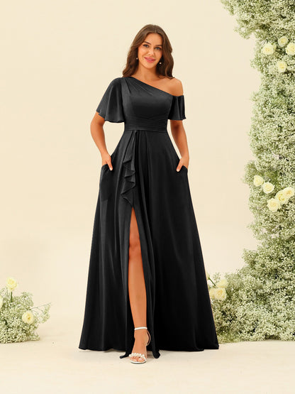Robes de Demoiselle d'Honneur A-Line/Princess à Une Épaule et Longueur Au Sol avec Fente Sur Le Côté