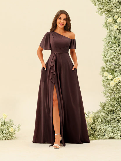 Robes de Demoiselle d'Honneur A-Line/Princess à Une Épaule et Longueur Au Sol avec Fente Sur Le Côté