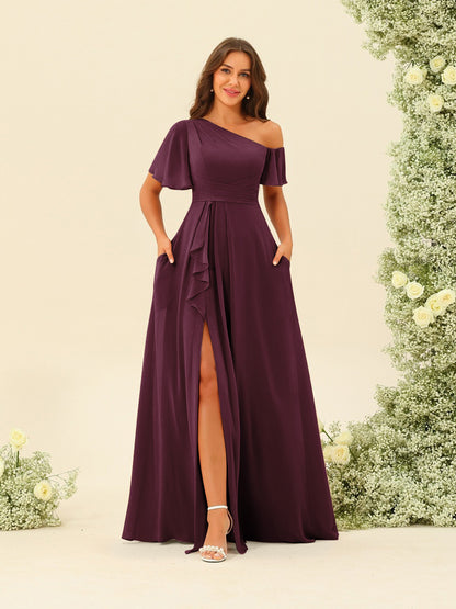 Robes de Demoiselle d'Honneur A-Line/Princess à Une Épaule et Longueur Au Sol avec Fente Sur Le Côté