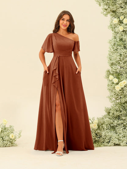 Robes de Demoiselle d'Honneur A-Line/Princess à Une Épaule et Longueur Au Sol avec Fente Sur Le Côté