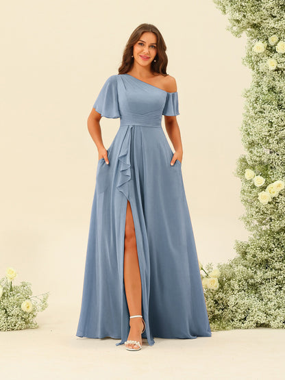 Robes de Demoiselle d'Honneur A-Line/Princess à Une Épaule et Longueur Au Sol avec Fente Sur Le Côté