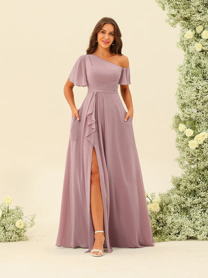 Robes de Demoiselle d'Honneur A-Line/Princess à Une Épaule et Longueur Au Sol avec Fente Sur Le Côté