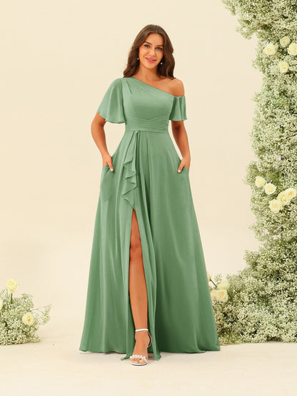 Robes de Demoiselle d'Honneur A-Line/Princess à Une Épaule et Longueur Au Sol avec Fente Sur Le Côté