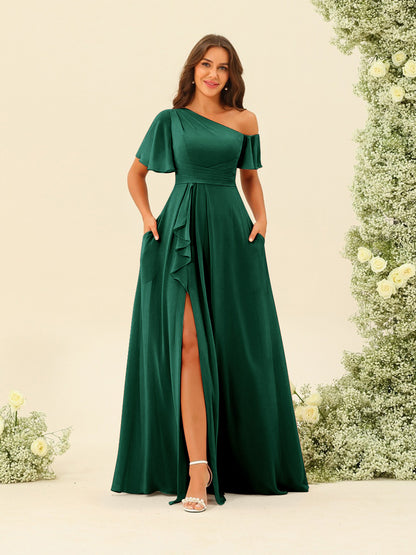 Robes de Demoiselle d'Honneur A-Line/Princess à Une Épaule et Longueur Au Sol avec Fente Sur Le Côté