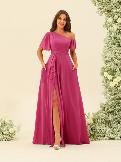 Robes de Demoiselle d'Honneur A-Line/Princess à Une Épaule et Longueur Au Sol avec Fente Sur Le Côté