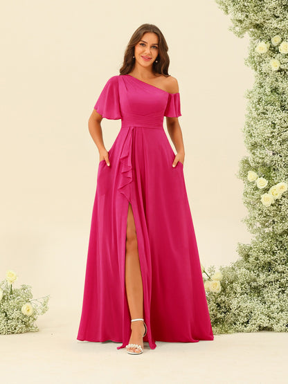 Robes de Demoiselle d'Honneur A-Line/Princess à Une Épaule et Longueur Au Sol avec Fente Sur Le Côté