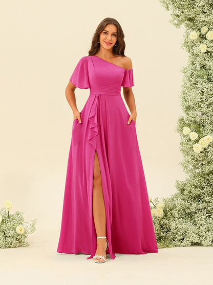 Robes de Demoiselle d'Honneur A-Line/Princess à Une Épaule et Longueur Au Sol avec Fente Sur Le Côté