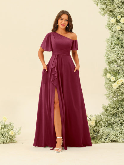 Robes de Demoiselle d'Honneur A-Line/Princess à Une Épaule et Longueur Au Sol avec Fente Sur Le Côté