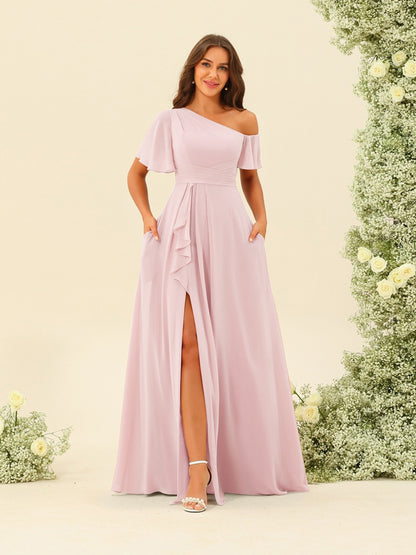 Robes de Demoiselle d'Honneur A-Line/Princess à Une Épaule et Longueur Au Sol avec Fente Sur Le Côté