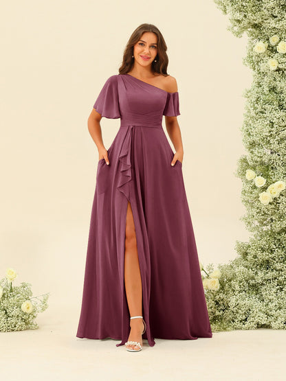 Robes de Demoiselle d'Honneur A-Line/Princess à Une Épaule et Longueur Au Sol avec Fente Sur Le Côté
