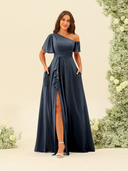 Robes de Demoiselle d'Honneur A-Line/Princess à Une Épaule et Longueur Au Sol avec Fente Sur Le Côté