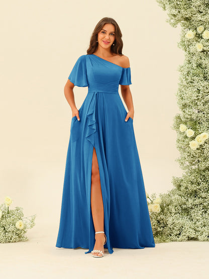 Robes de Demoiselle d'Honneur A-Line/Princess à Une Épaule et Longueur Au Sol avec Fente Sur Le Côté