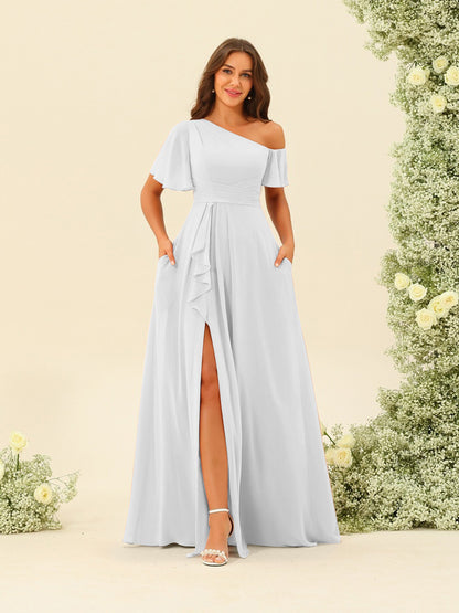 Robes de Demoiselle d'Honneur A-Line/Princess à Une Épaule et Longueur Au Sol avec Fente Sur Le Côté