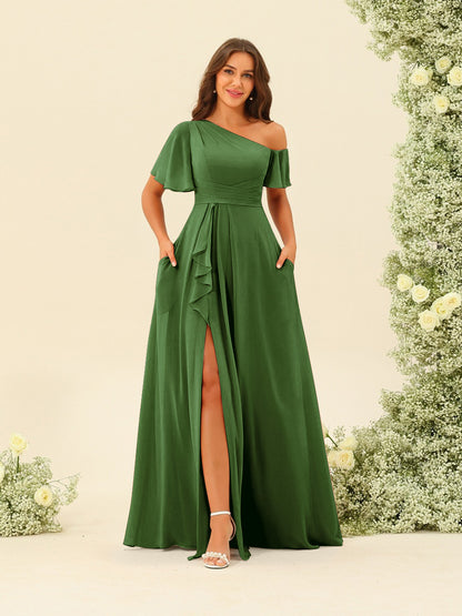Robes de Demoiselle d'Honneur A-Line/Princess à Une Épaule et Longueur Au Sol avec Fente Sur Le Côté