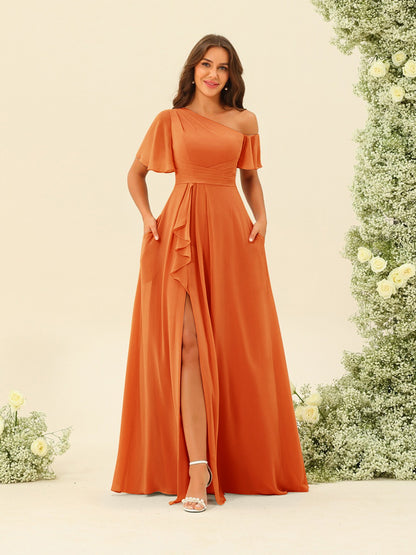 Robes de Demoiselle d'Honneur A-Line/Princess à Une Épaule et Longueur Au Sol avec Fente Sur Le Côté