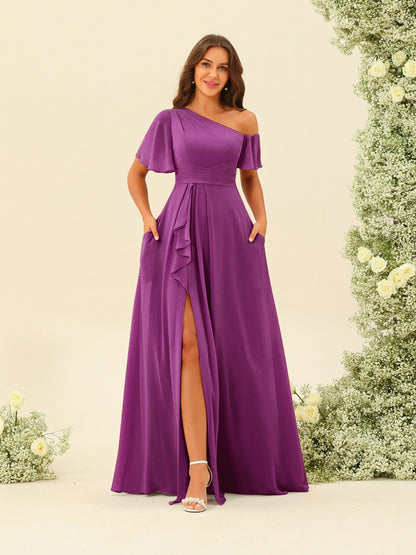 Robes de Demoiselle d'Honneur A-Line/Princess à Une Épaule et Longueur Au Sol avec Fente Sur Le Côté