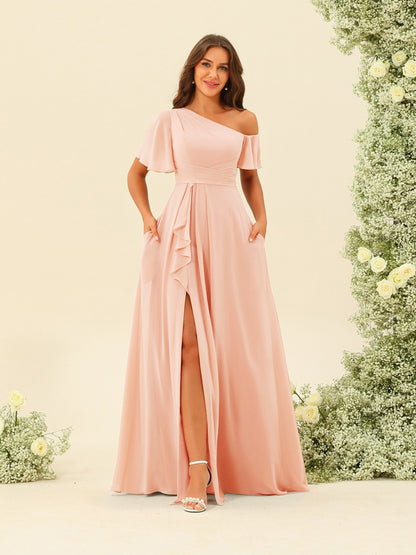 Robes de Demoiselle d'Honneur A-Line/Princess à Une Épaule et Longueur Au Sol avec Fente Sur Le Côté