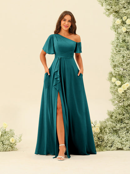 Robes de Demoiselle d'Honneur A-Line/Princess à Une Épaule et Longueur Au Sol avec Fente Sur Le Côté