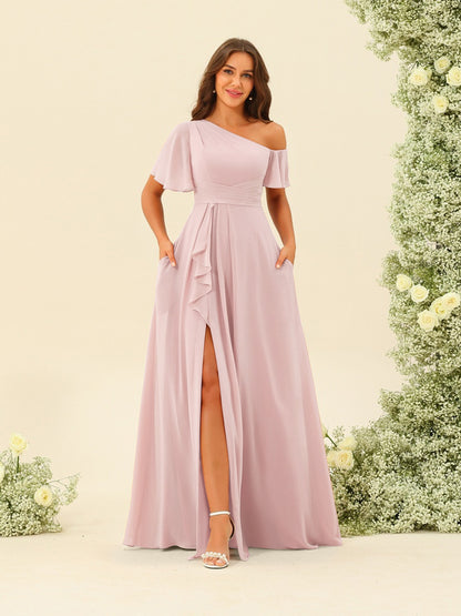 Robes de Demoiselle d'Honneur A-Line/Princess à Une Épaule et Longueur Au Sol avec Fente Sur Le Côté