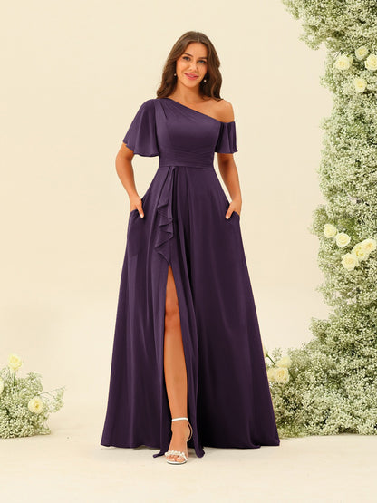 Robes de Demoiselle d'Honneur A-Line/Princess à Une Épaule et Longueur Au Sol avec Fente Sur Le Côté