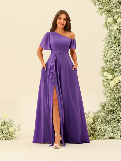 Robes de Demoiselle d'Honneur A-Line/Princess à Une Épaule et Longueur Au Sol avec Fente Sur Le Côté