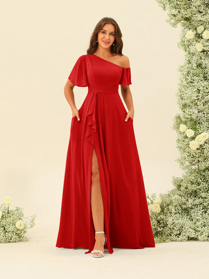 Robes de Demoiselle d'Honneur A-Line/Princess à Une Épaule et Longueur Au Sol avec Fente Sur Le Côté